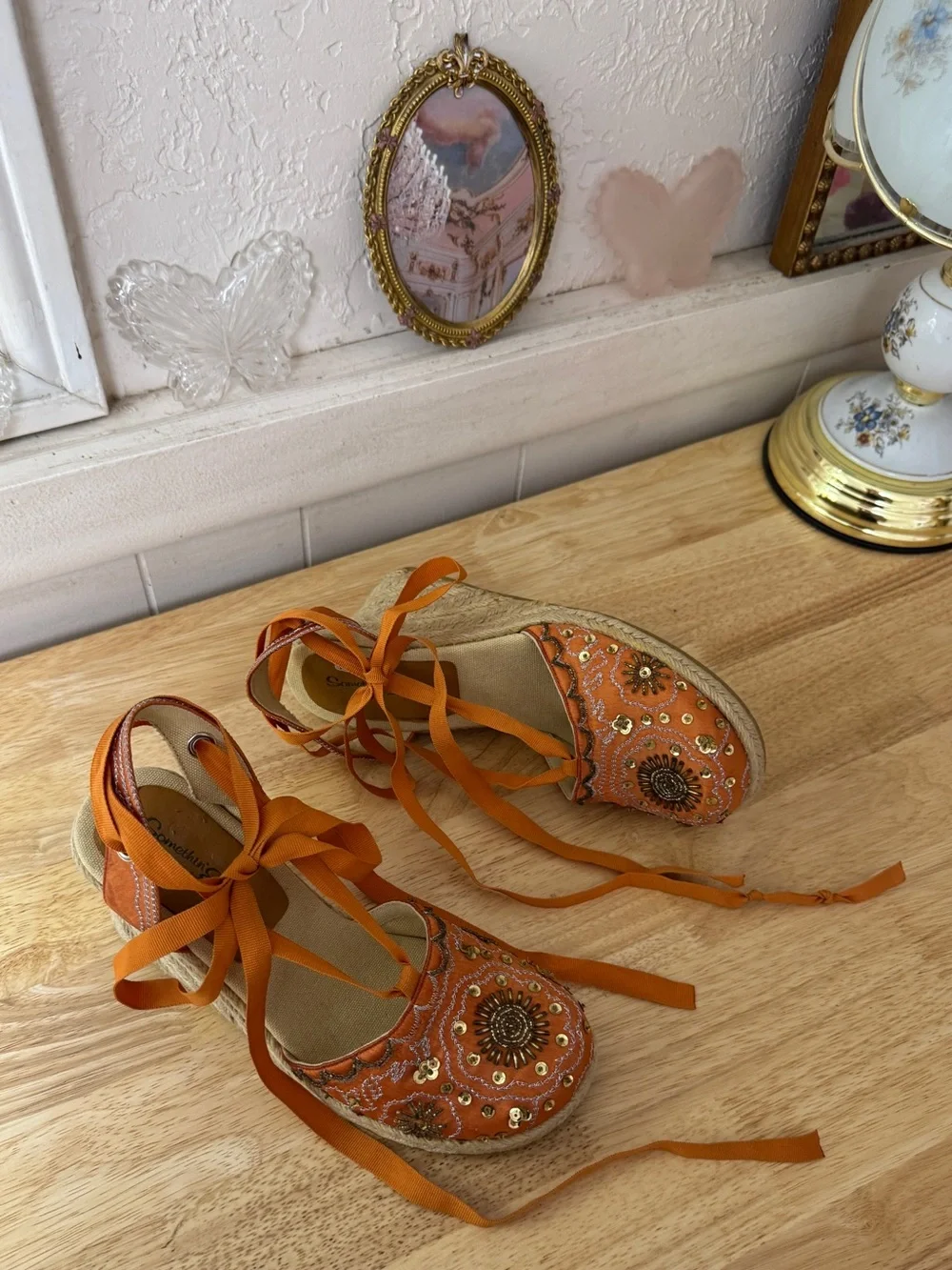 Skechers Orange Embellished Espadrille Lace-Up Wedge Sandals Size 8 Y2K Whimsy